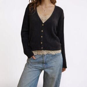 Vintage Y2K George Black Silk Blend Faux Layered Lace Sweater Top Large